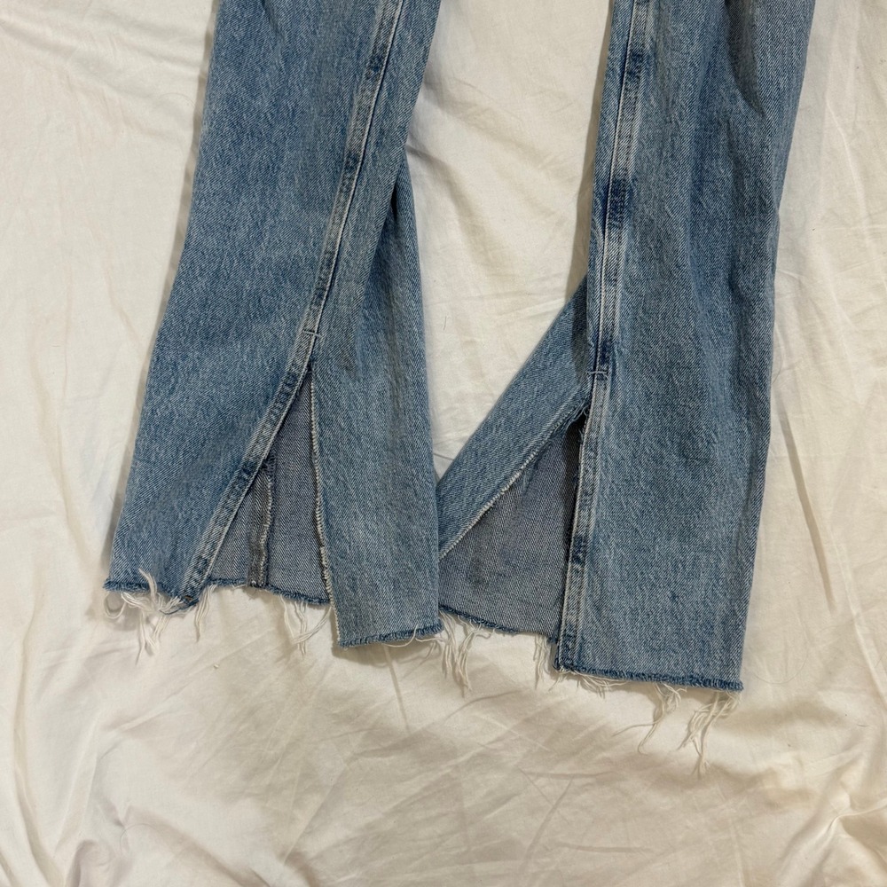Zara Distressed Hi-Rise Straight Leg Jeans Women's 4 Blue Denim Slit Hem Acid - Picture 7 of 13